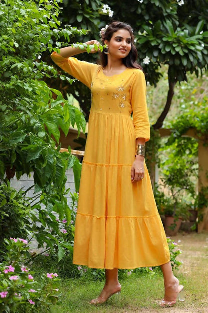 Yufta Yellow Cotton Dobby Dress
