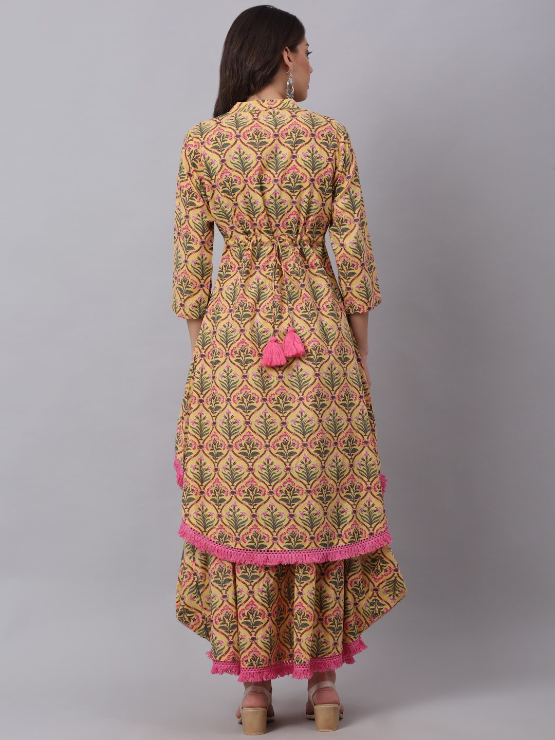 Kalini Women Yellow & Green Ethnic Motifs Printed Pure Cotton Kurta with Skirt - Distacart