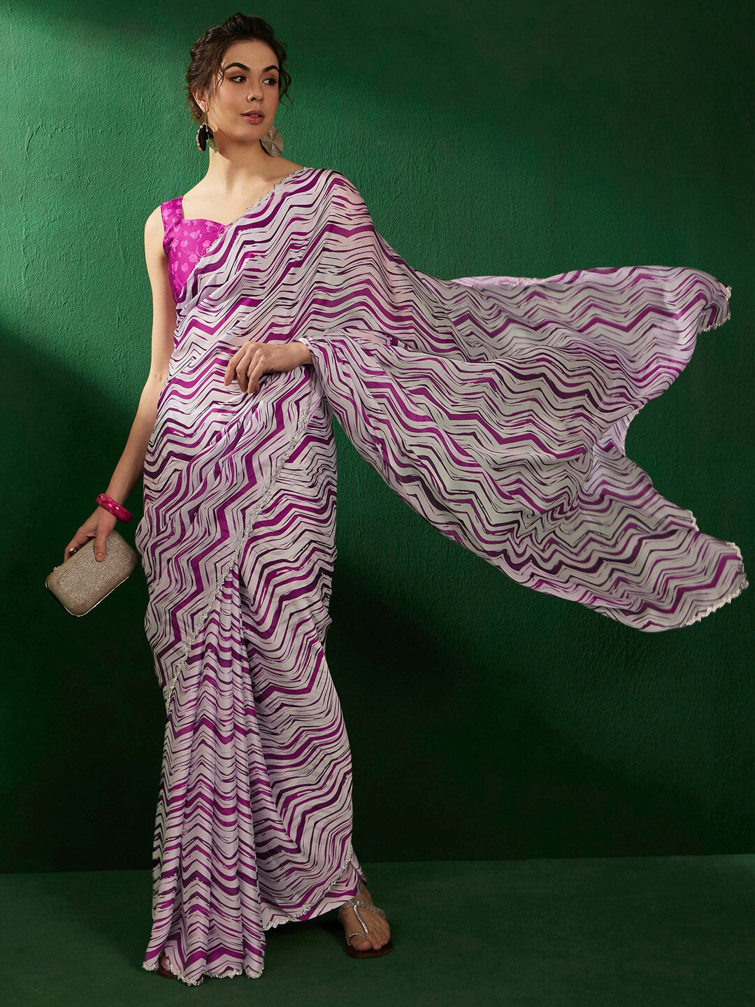 Sangria Geometric Printed Embellished Satin Saree - Distacart