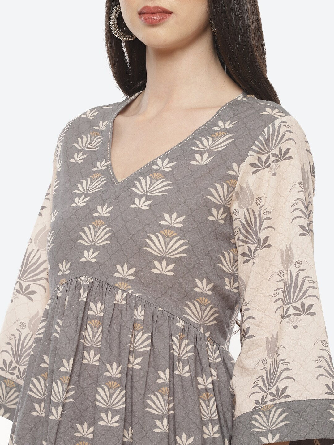 Biba Women Grey & Beige Ethnic Motifs Printed Pleated Pure Cotton Kurta with Palazzos - Distacart