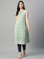 Thumbnail for HERE&NOW Women Sea Green & White Ethnic Motifs Printed Tie-Up Neck Kurta - Distacart
