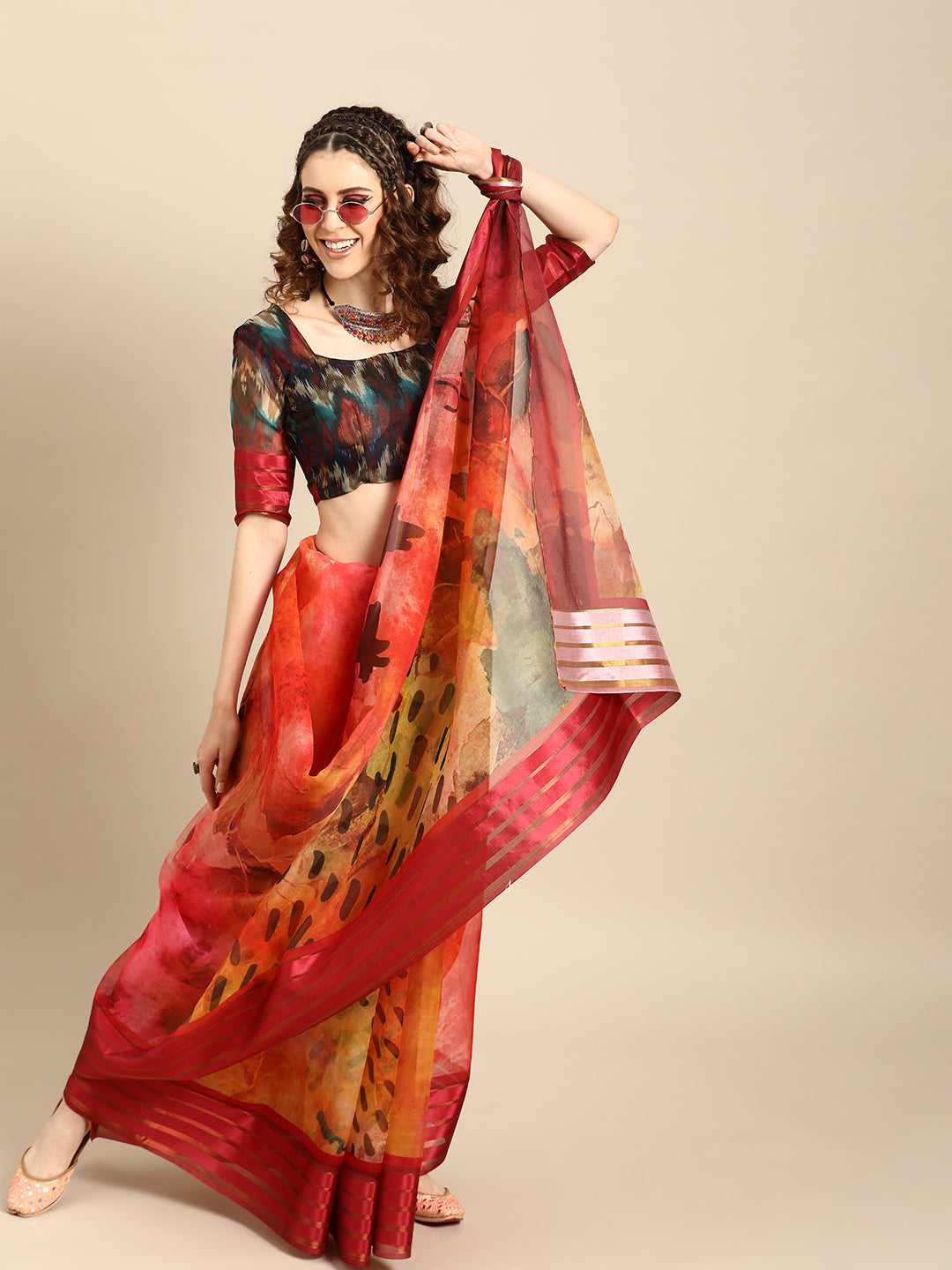 Saree Mall Red & Black Organza Printed Saree - Distacart