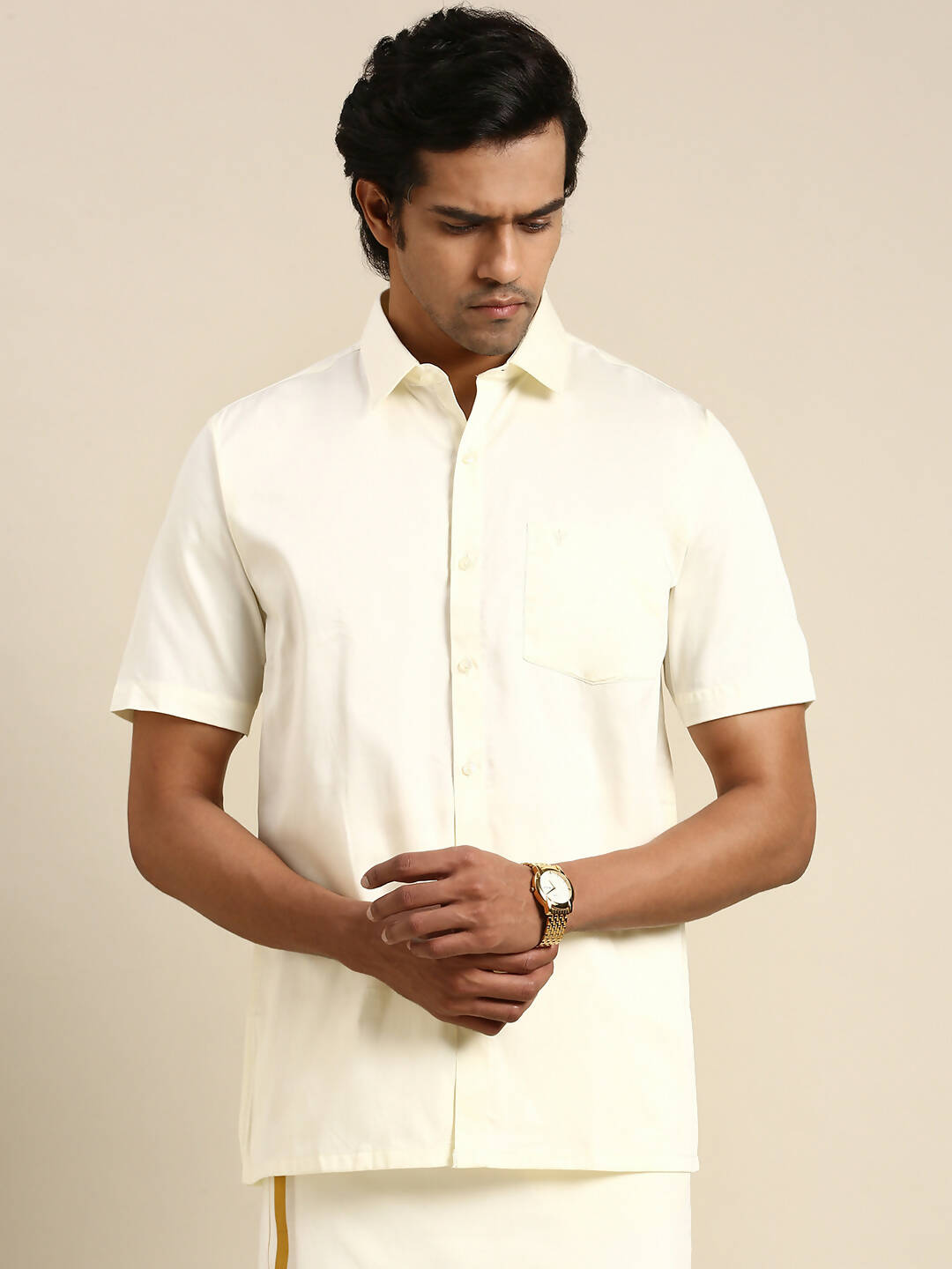 Ramraj Cotton Mens Cotton Cream Colour Half Sleeve Shirt - Distacart