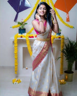 Thumbnail for DEIANA'S Beautiful Golden Jari with New Design Soft Lichi Silk Saree - White - Distacart