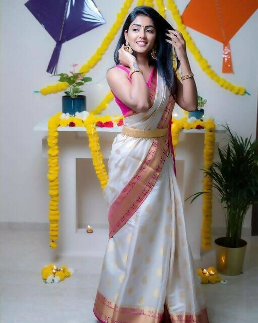 DEIANA'S Beautiful Golden Jari with New Design Soft Lichi Silk Saree - White - Distacart