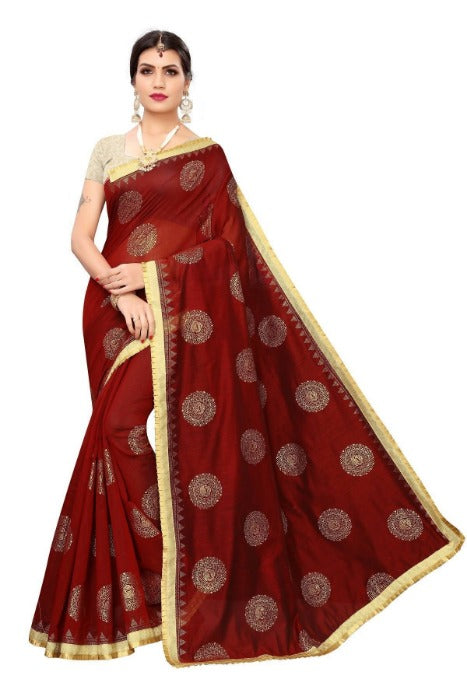 Vamika Chanderi Cotton Foil Print Maroon Saree (GOLDEN BIRD MAROON)