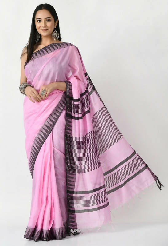 Mominos Fashion Moeza Baby Pink Bhagalpuri Handloom Silk Black Temple Border Saree with unstitched Blouse piece - Distacart