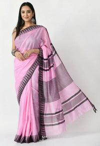 Thumbnail for Mominos Fashion Moeza Baby Pink Bhagalpuri Handloom Silk Black Temple Border Saree with unstitched Blouse piece - Distacart