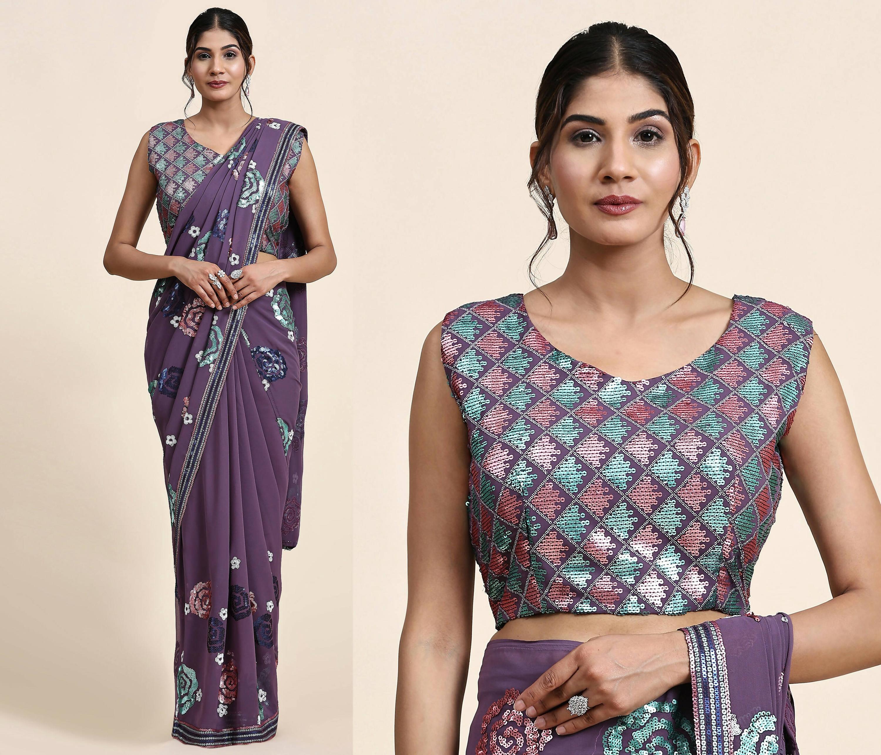 Purple Pure Georgette Sequence work Ready to wear Saree with stitched Blouse - Nirvana - Distacart