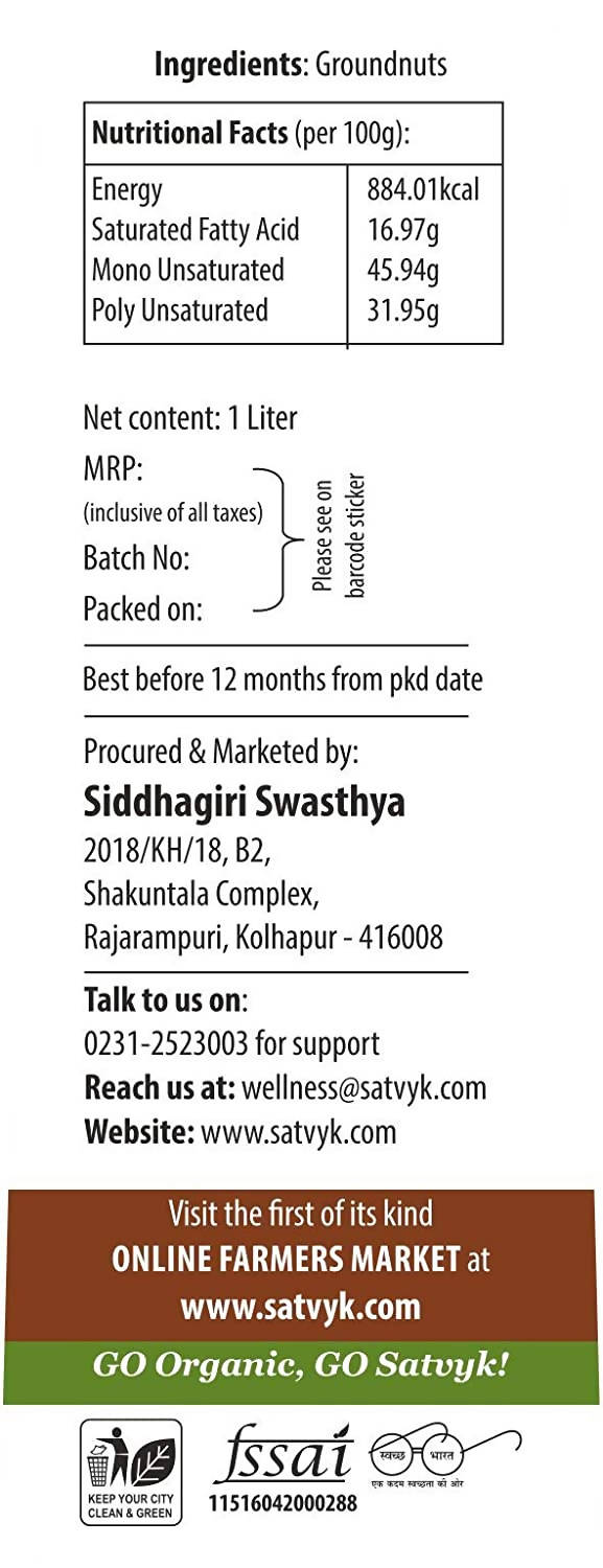 Siddhagiri's Satvyk Organic Wood Pressed Groundnut Oil 1000 ml