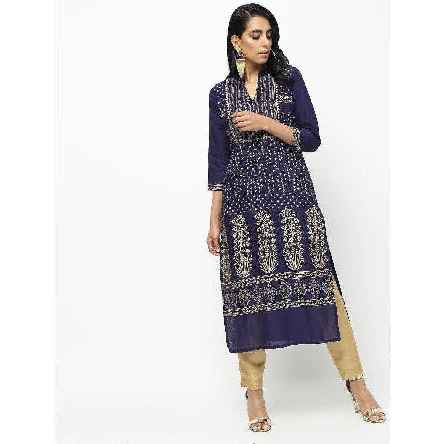 Cheera Navy Blue Straight Foil Printed Long Kurta