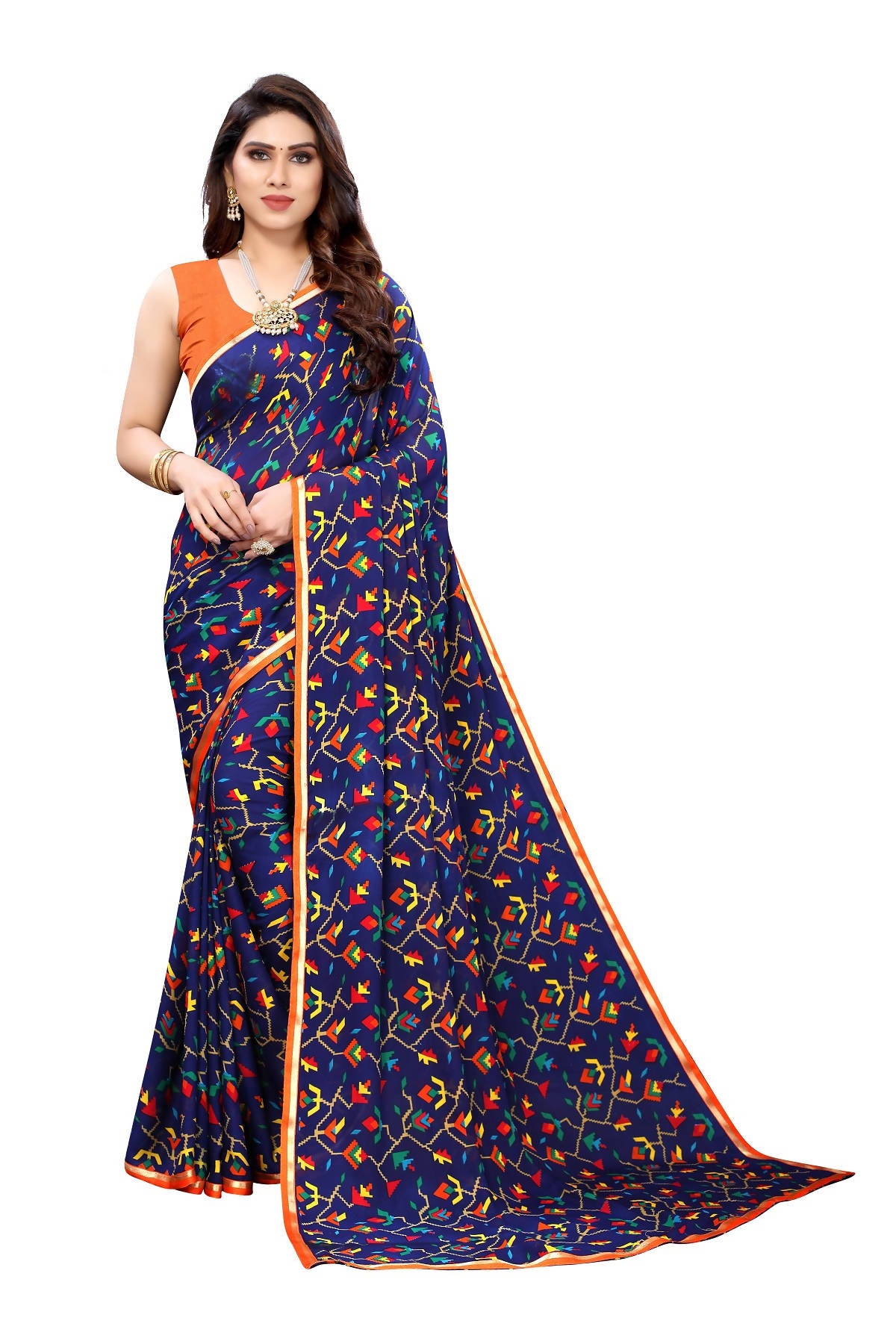 Vamika Ethnic Fire Blue Printed With Lace Saree - Distacart