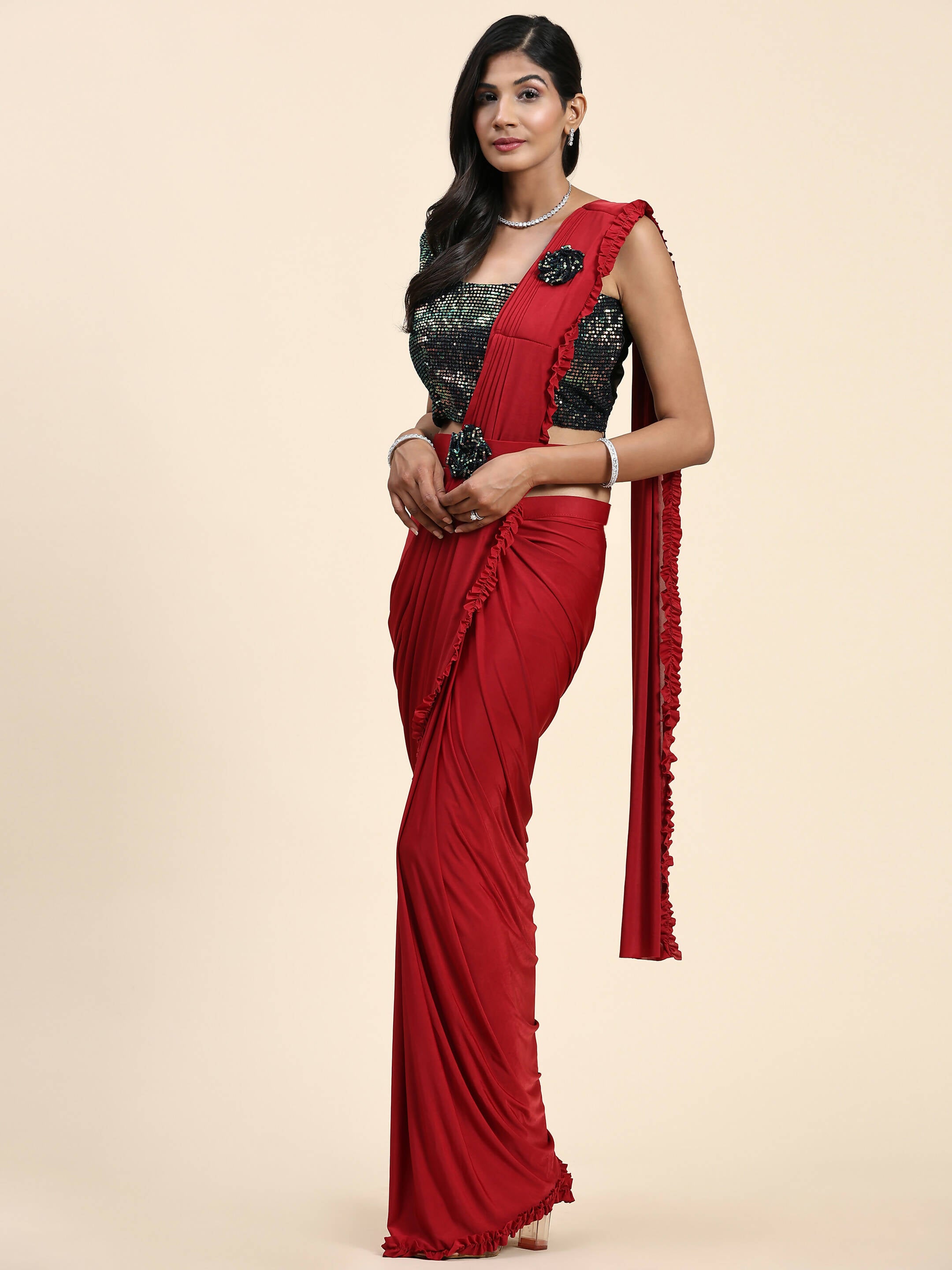 Red Imported Fabric Plain Ready to wear Saree with stitched Blouse - Vrinda - Distacart