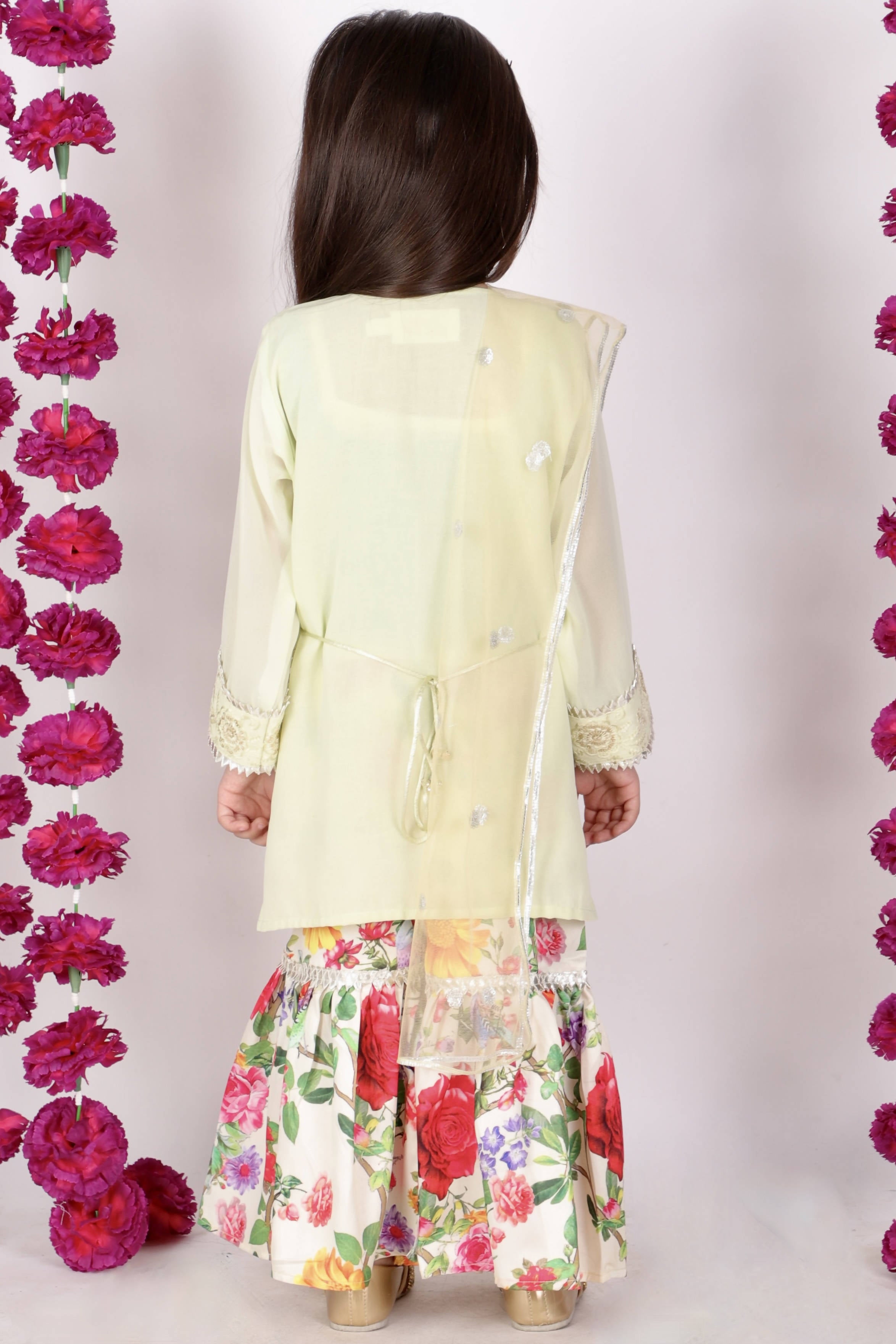 Little Bansi Pista Green and yellow Color Rose Floral Embrodiery Kurta with Floral Sharara