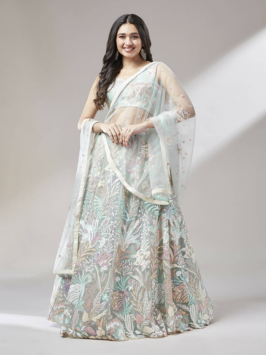 House of Panchhi Lime Green Net Sequinse Work Lehenga & Blouse with Dupatta - Distacart