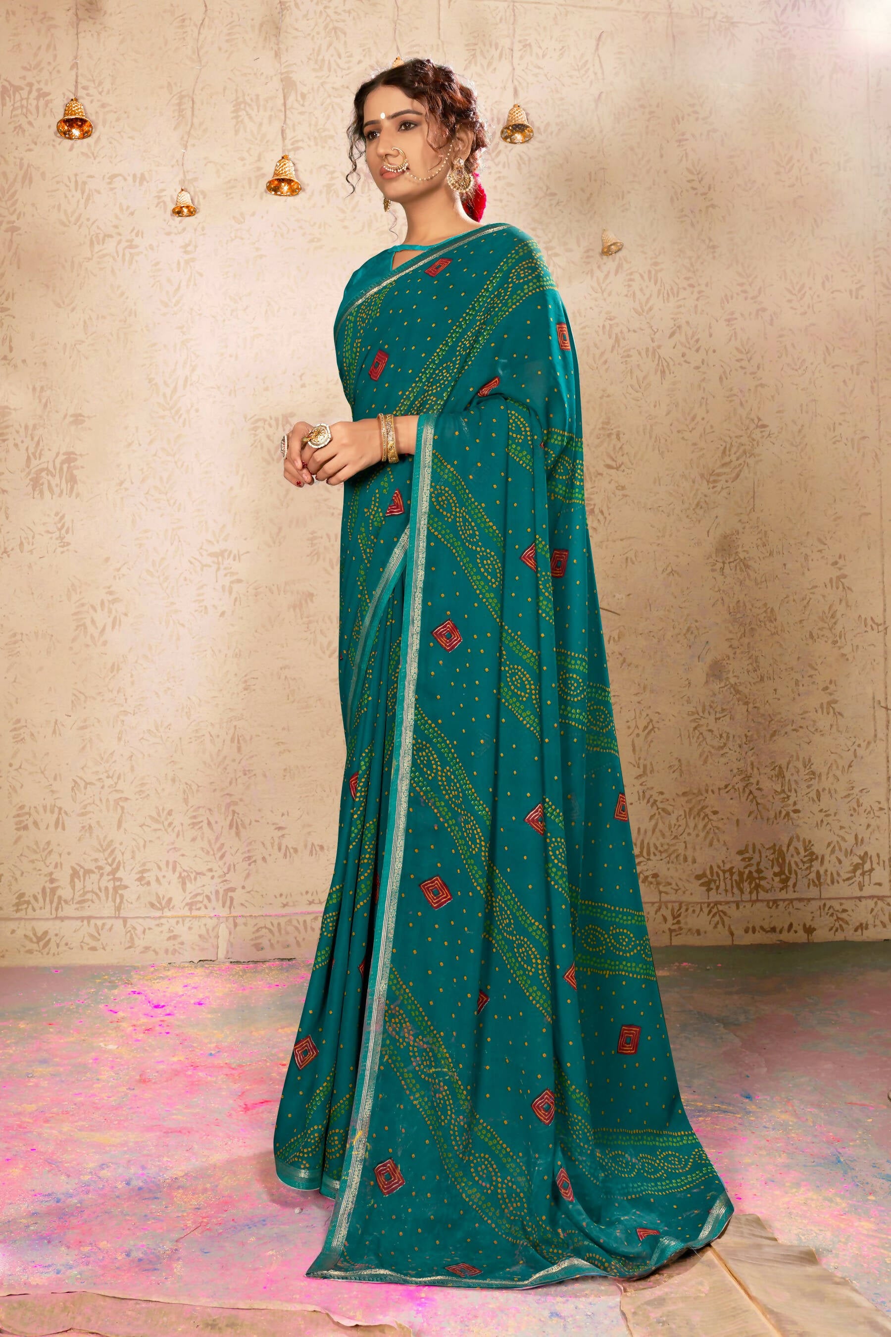 Teal Georgette Bandhni Printed Saree With Unstitched Blouse Piece - Shanaya - Distacart