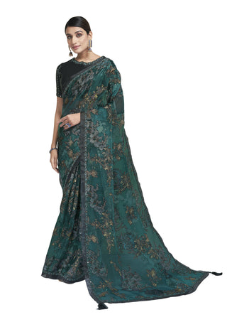 Sea Green Organic Burn Floral With Mirror Work On Border Saree With Blouse Piece - Norita Avyaan - Distacart