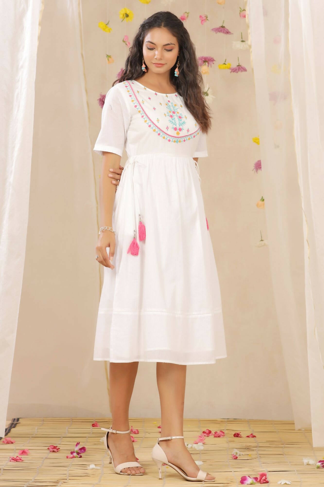 Juniper Women White Cotton Dobby Embroidered A-Line Dress - Distacart