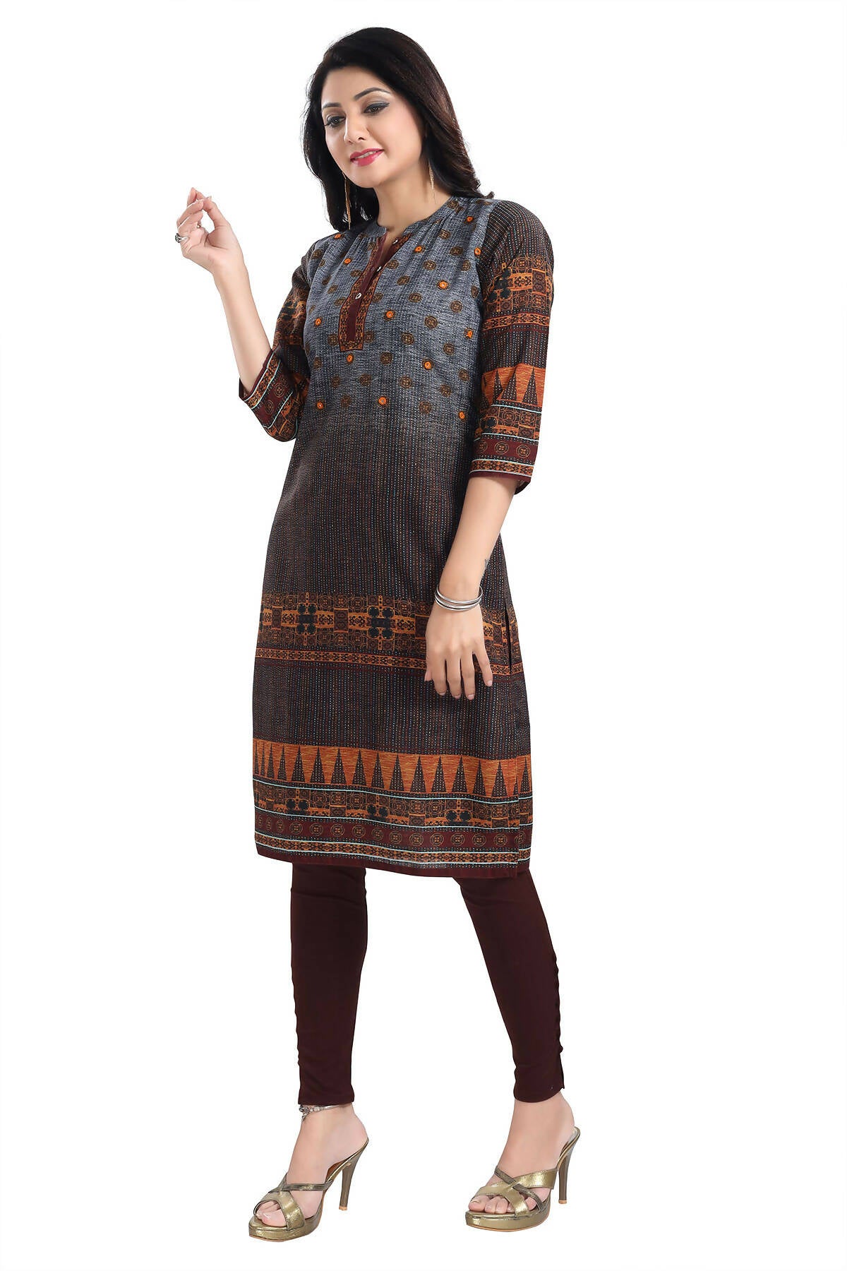 Snehal Creations Beautiful Brown Designer Print Cotton Slub Long Kurti Tunic - Distacart