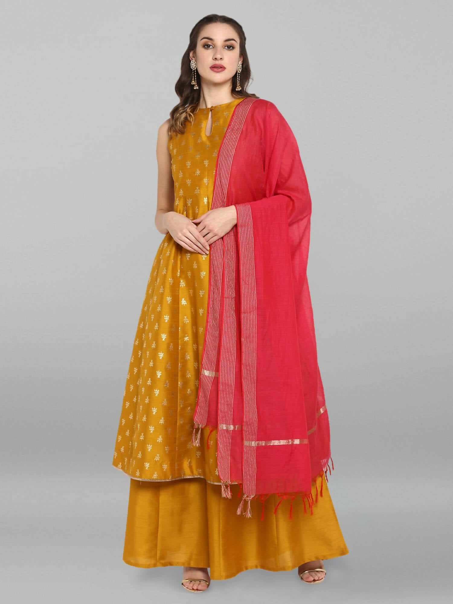 Janasya Women's Mustard Rayon Foil Print Kurti With Palazzo - Distacart