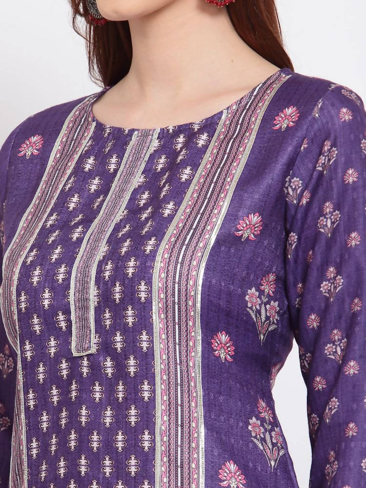 Myshka Women's Purple Printed Pashmeena Full Sleeve Round Neck Casual Kurta