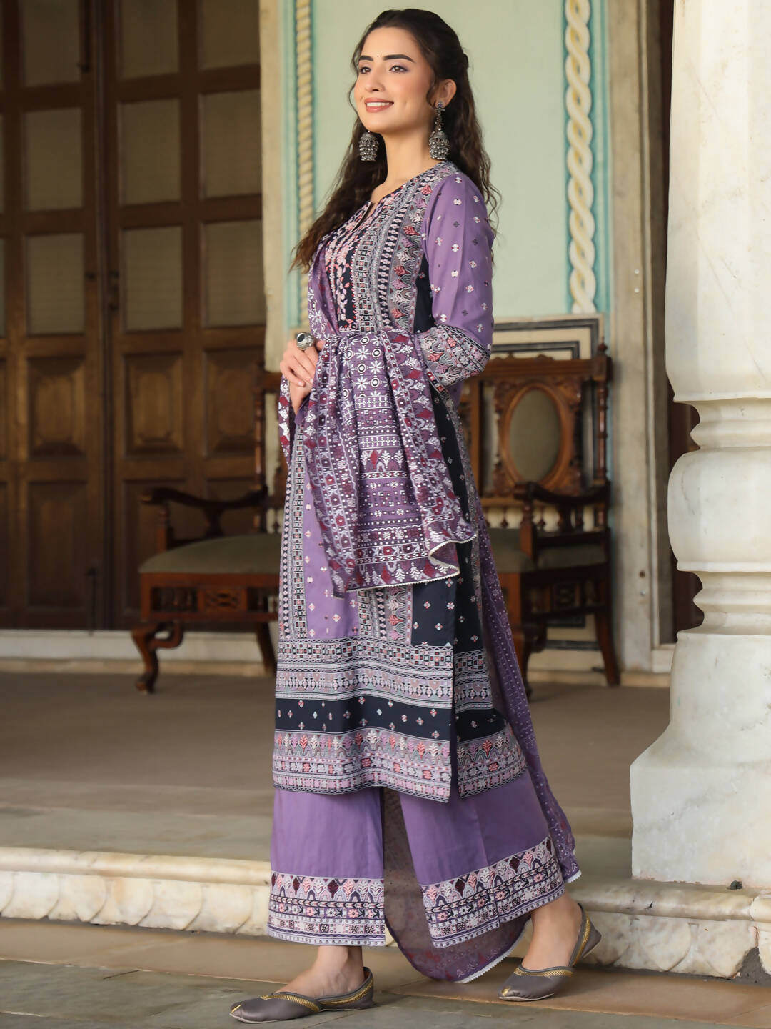 Juniper Women's Lavender Cambric Geometric Printed Mix And Match Kurta Palazzo And Dupatta Set - Distacart
