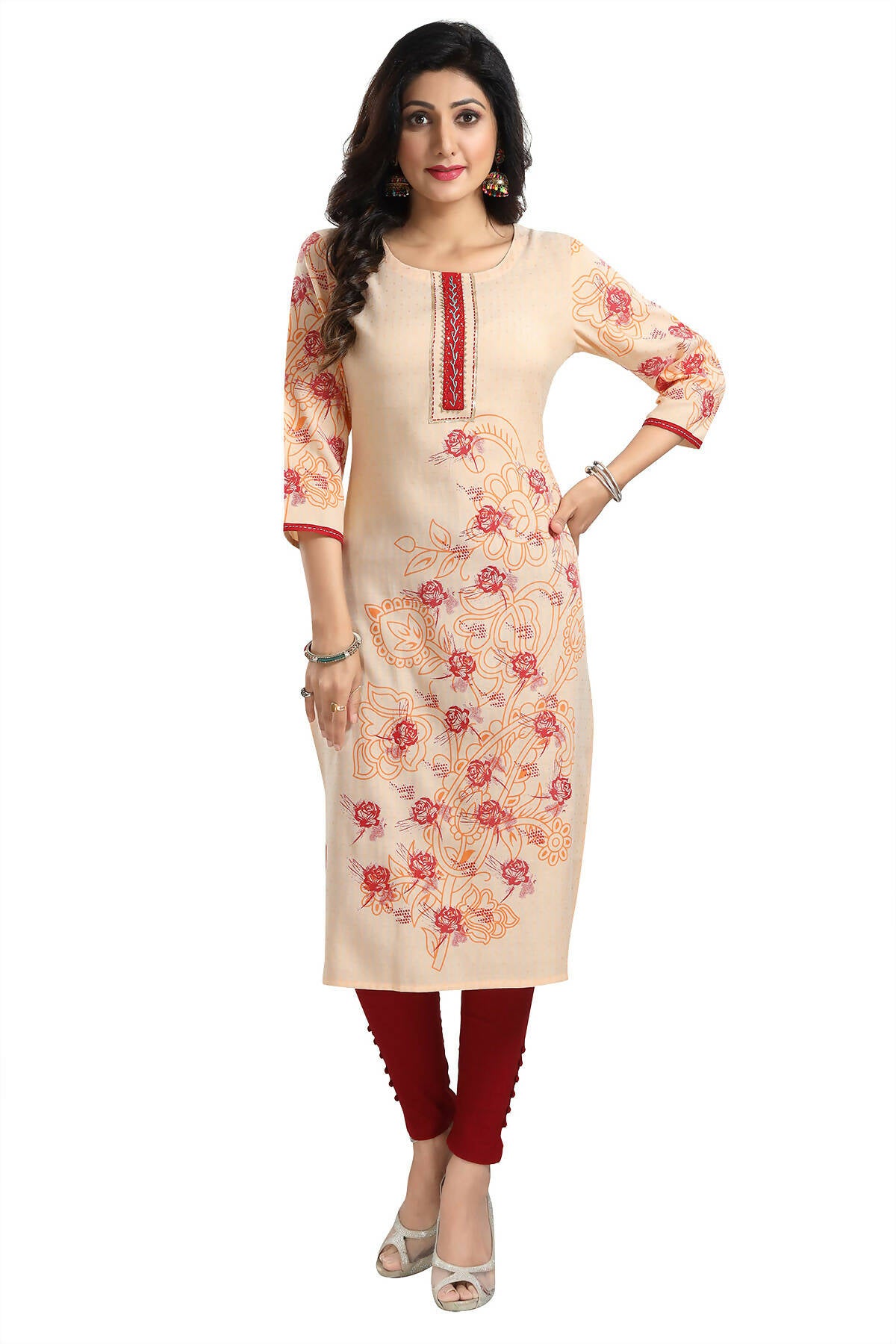 Snehal Creations Pleasing Peach Rayon Textured Print Long Kurta For Women - Distacart