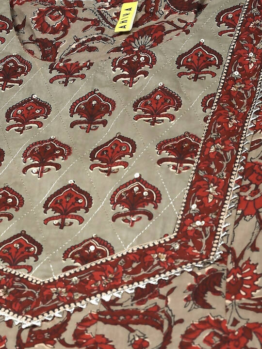 Ahika Women Red & Beige Printed Pure Cotton Kurta with Trousers & Dupatta - Distacart