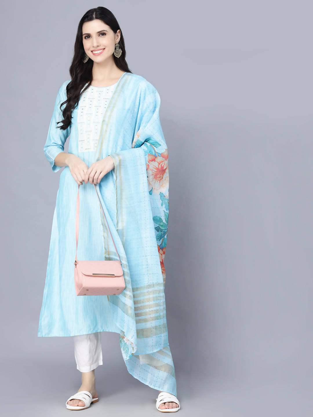 Myshka Women Turquoise Blue Panelled Pure Cotton Kurta with Trousers With Dupatta - Distacart