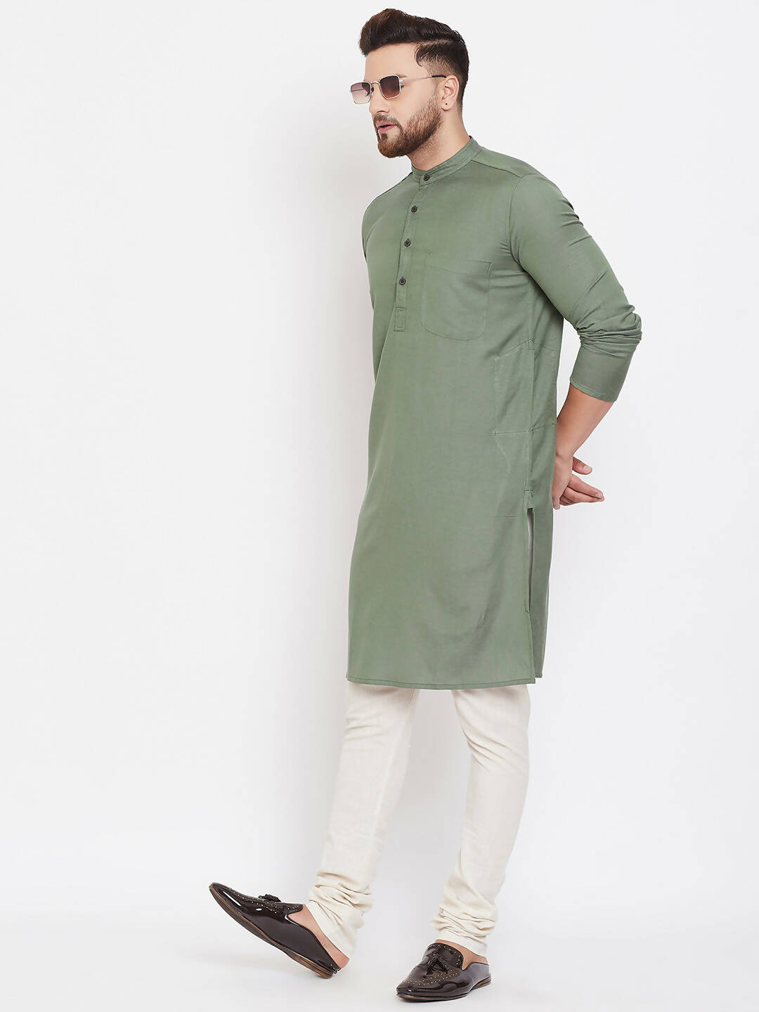 Even Apparels Green Color Linen Linen Men's Kurta With Band Collar - Distacart