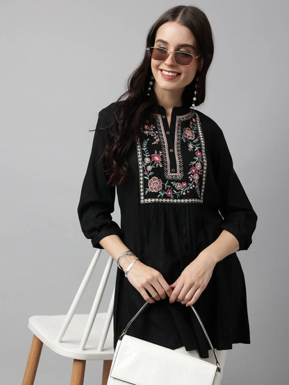 Black Rayon Yoke Embroidered A-line Top - Tarini - Distacart
