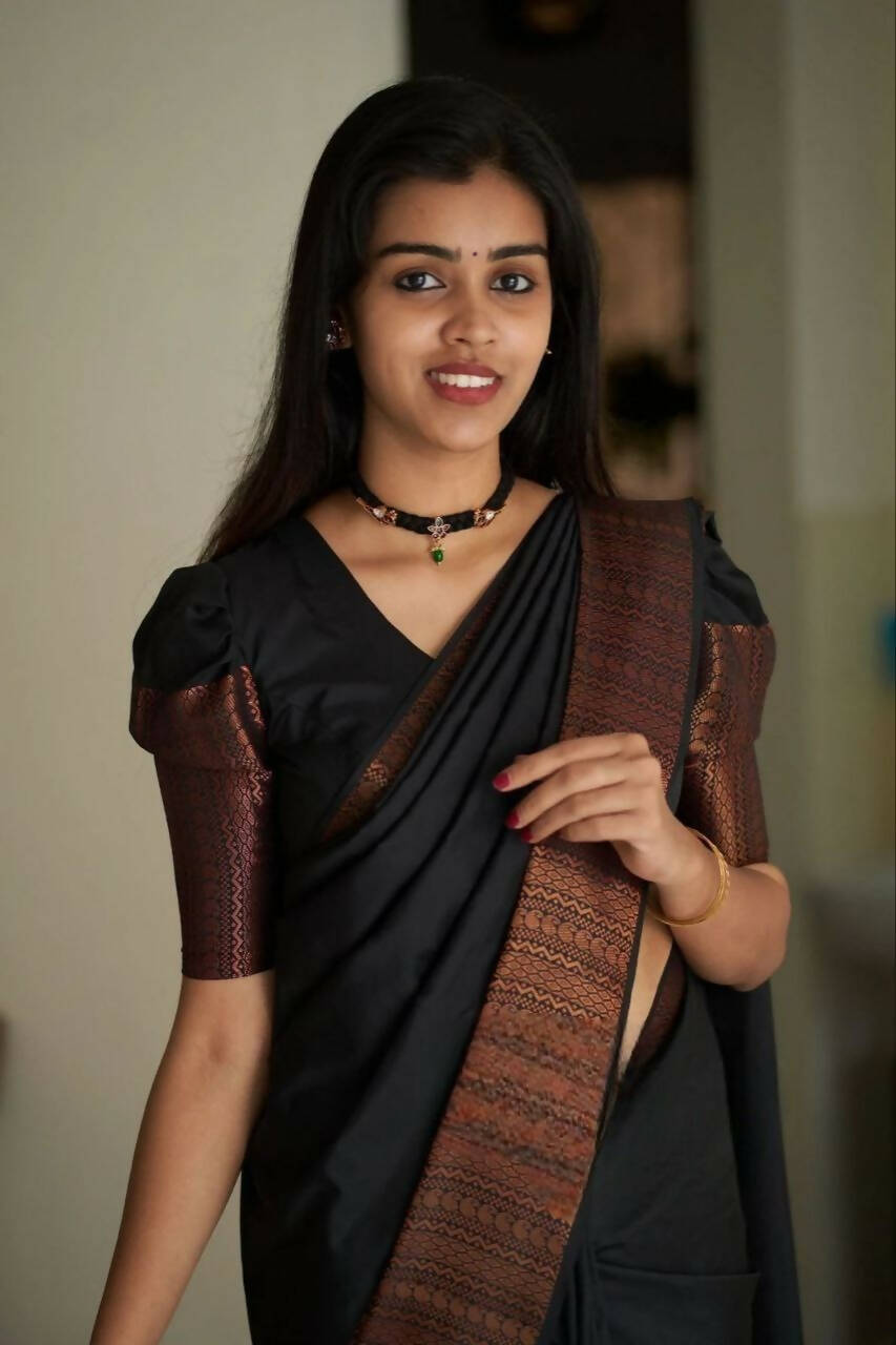 DEIANA'S Beautiful Golden Jari with New Design Soft Lichi Silk Saree - Black - Distacart