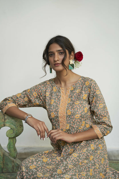 Grey Cotton Floral Printed A line Kurta - Prasuti - Distacart