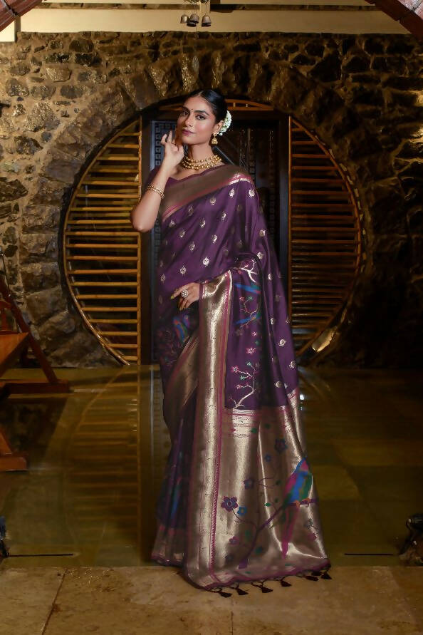 Vishnu Weaves Women's Wine Paithani Silk Zari Woven Saree with Unstitched Blouse - Distacart