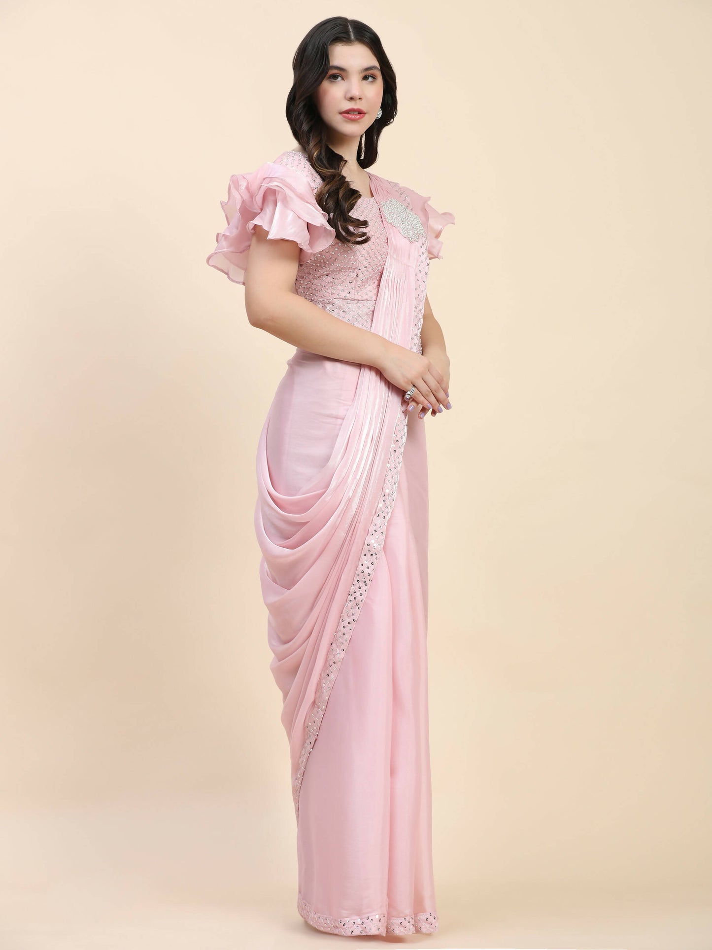 Pink Silk Satin Sequence Work Ready to Wear Saree with stitched Blouse - Nirvana - Distacart