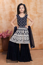 Thumbnail for Kids Wedding Designer Blue Faux Georgette Fabric Sharara Suit - Aaradhna - Distacart