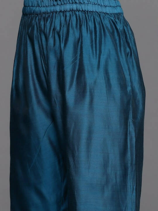 Varanga Women Teal Blue & Silver Zari Yoke Straight Kurta with Trousers & With Dupatta - Distacart