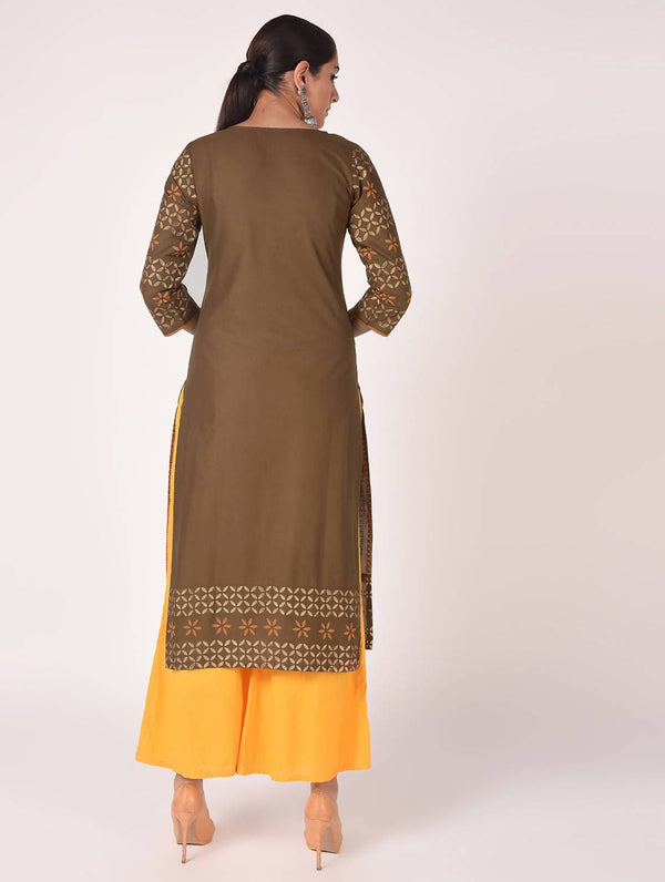 Cheera Hand Block Print Earth Brown Straight Kurta (MAAI-060K)