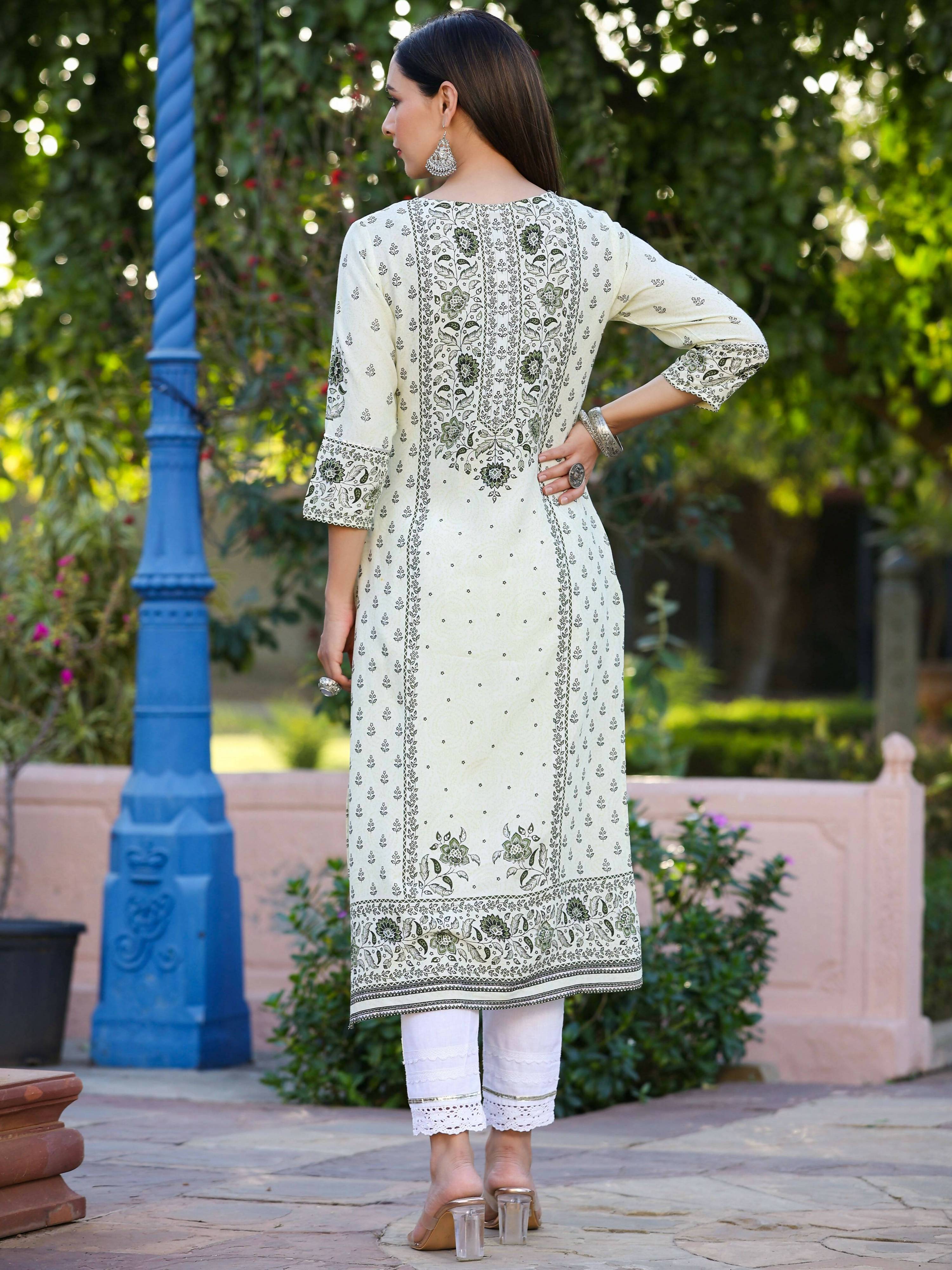 Juniper Women's Green Rayon Staple Kalamkari Floral Placement Printed Kurta - Distacart