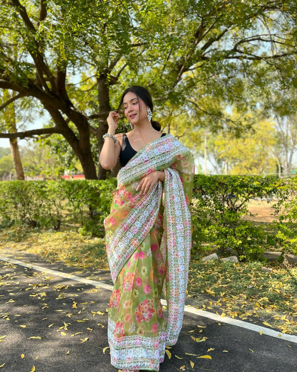 Vamsee Green Organza Saree - Distacart