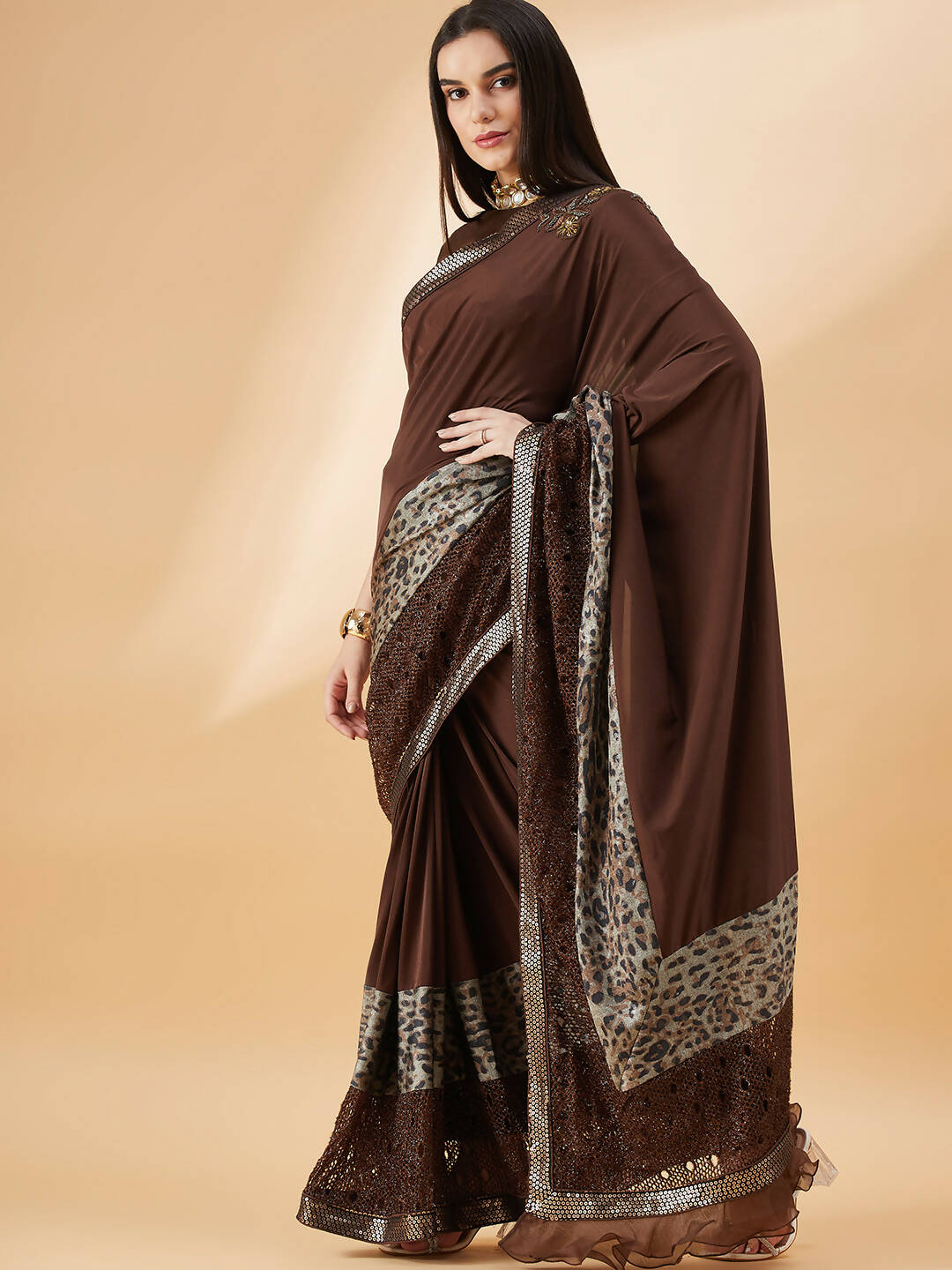 Brown Lycra Animal Print, Fancy Value Addition Fabric Saree - Norita Hit Design - Distacart