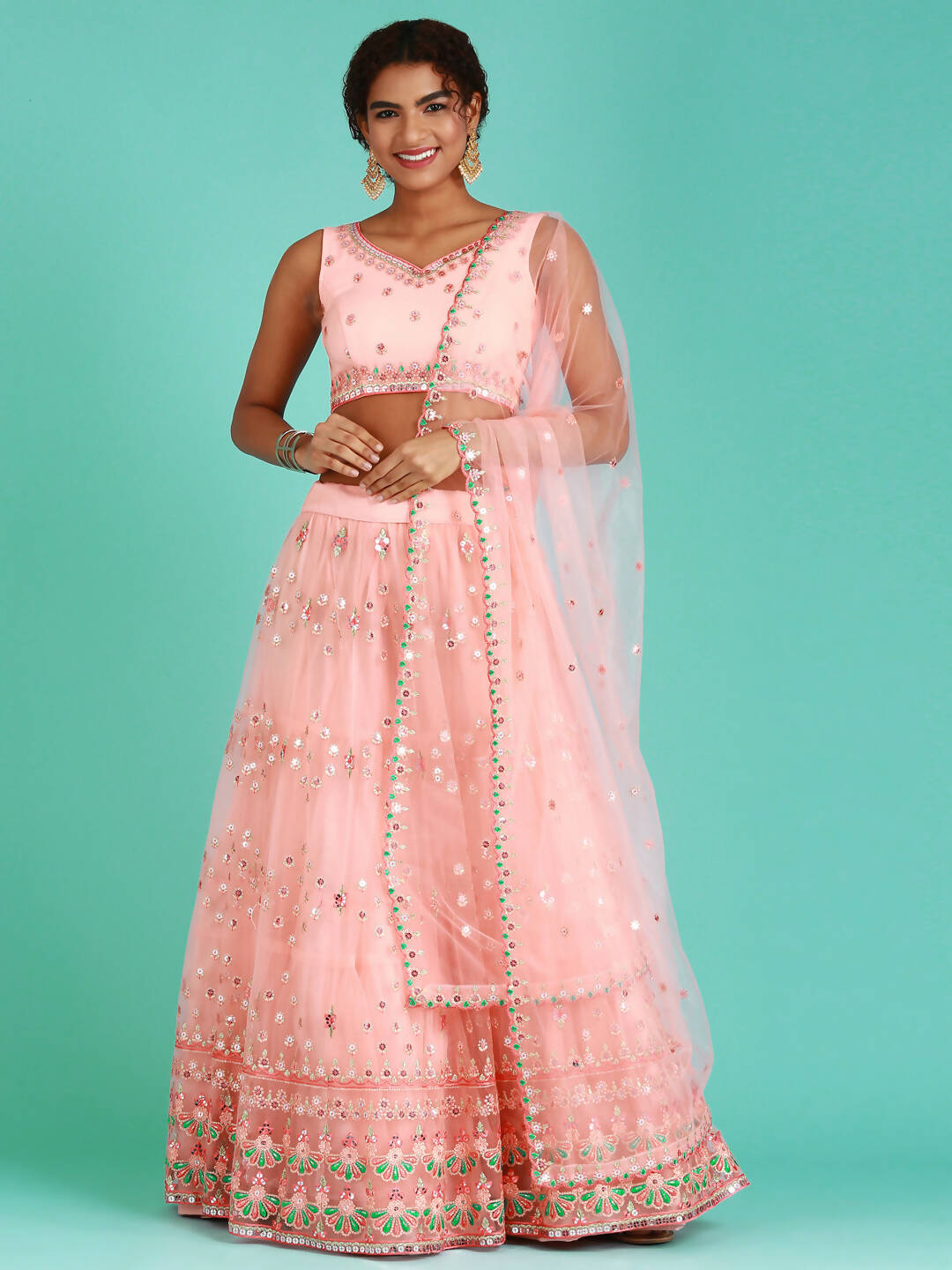 House of Panchhi Peach Net Sequinse Work Lehenga & Blouse, Dupatta - Distacart