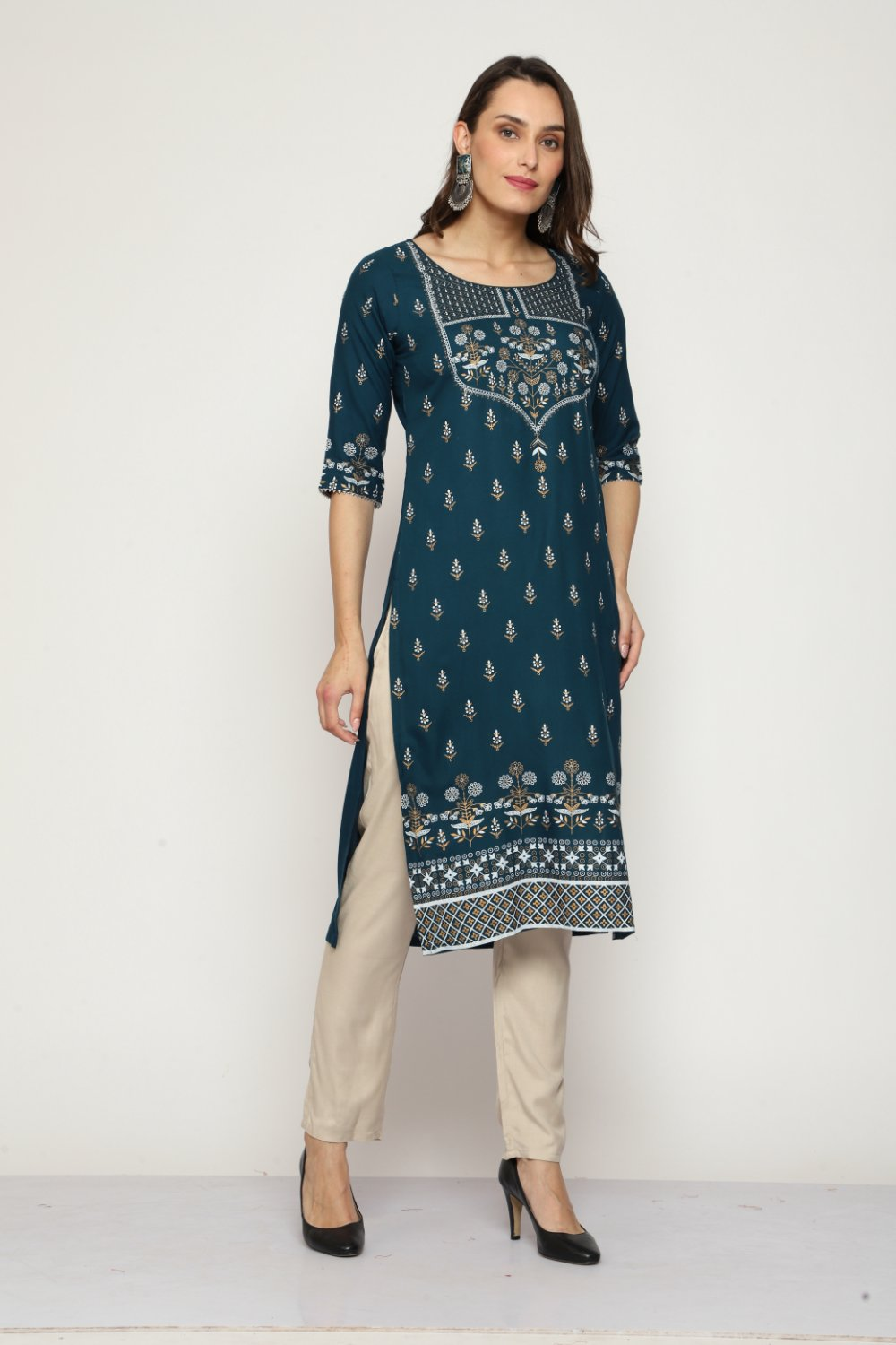 Maai Rayon Hand Printed Kurta Navy - Distacart