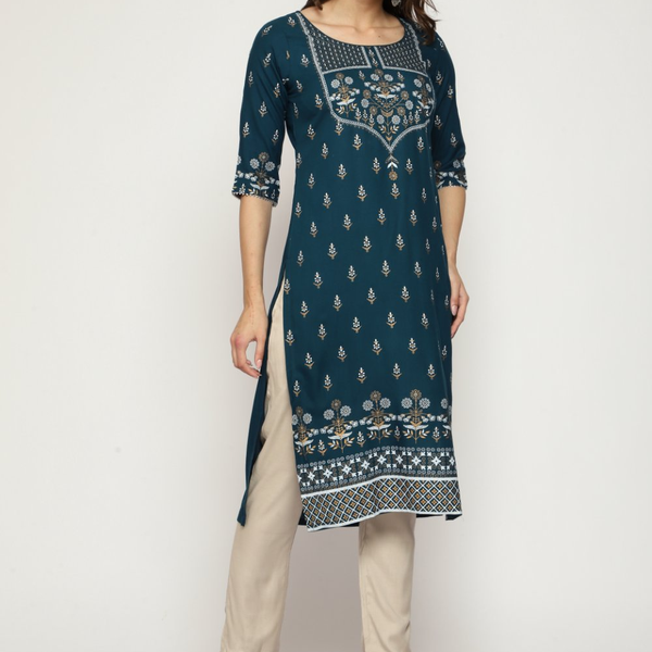 Maai Rayon Hand Printed Kurta Navy - Distacart