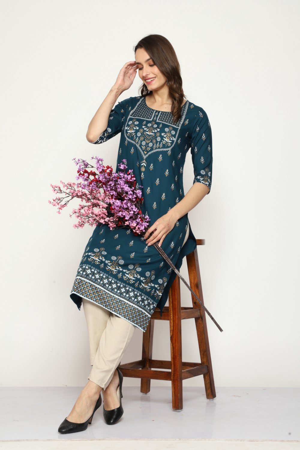 Maai Rayon Hand Printed Kurta Navy - Distacart