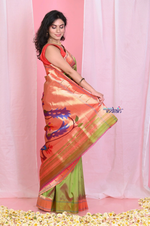 Thumbnail for Very Much Indian Dual Tone Olive Green Pink Muniya Border Paithani Pure Silk With Peacocks Pallu - Distacart