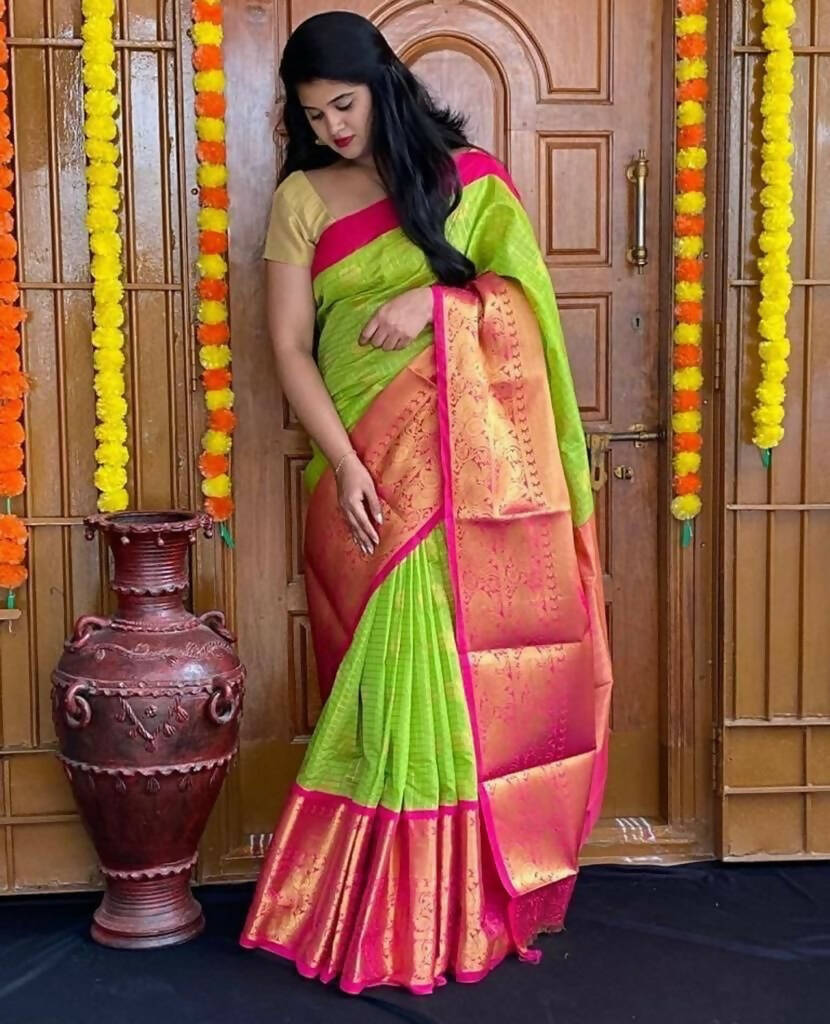 DEIANA'S Beautiful Golden Jari with New Design Soft Lichi Silk Saree - Parrot - Distacart