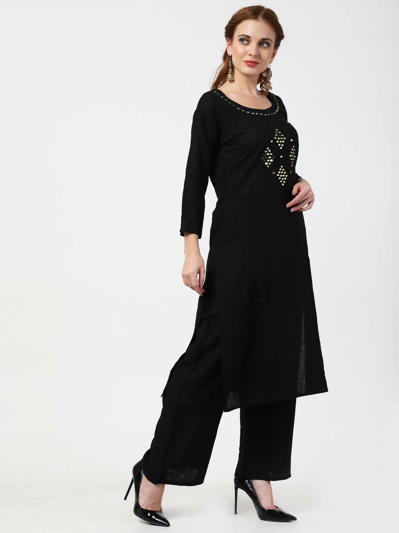 Cheera Women's Black Rayon Slub Kurta Palazzo Organza Silk Dupatta Set - Distacart