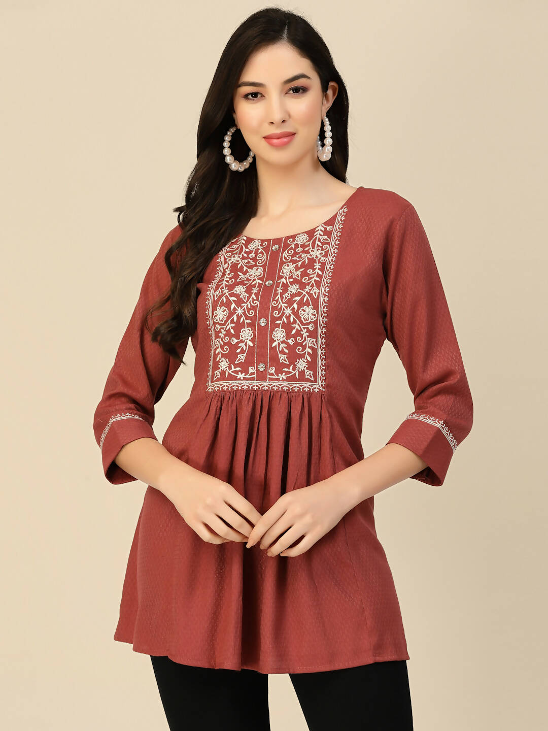 Brown Poly Rayon Floral Embroidered Top - Zeny - Distacart
