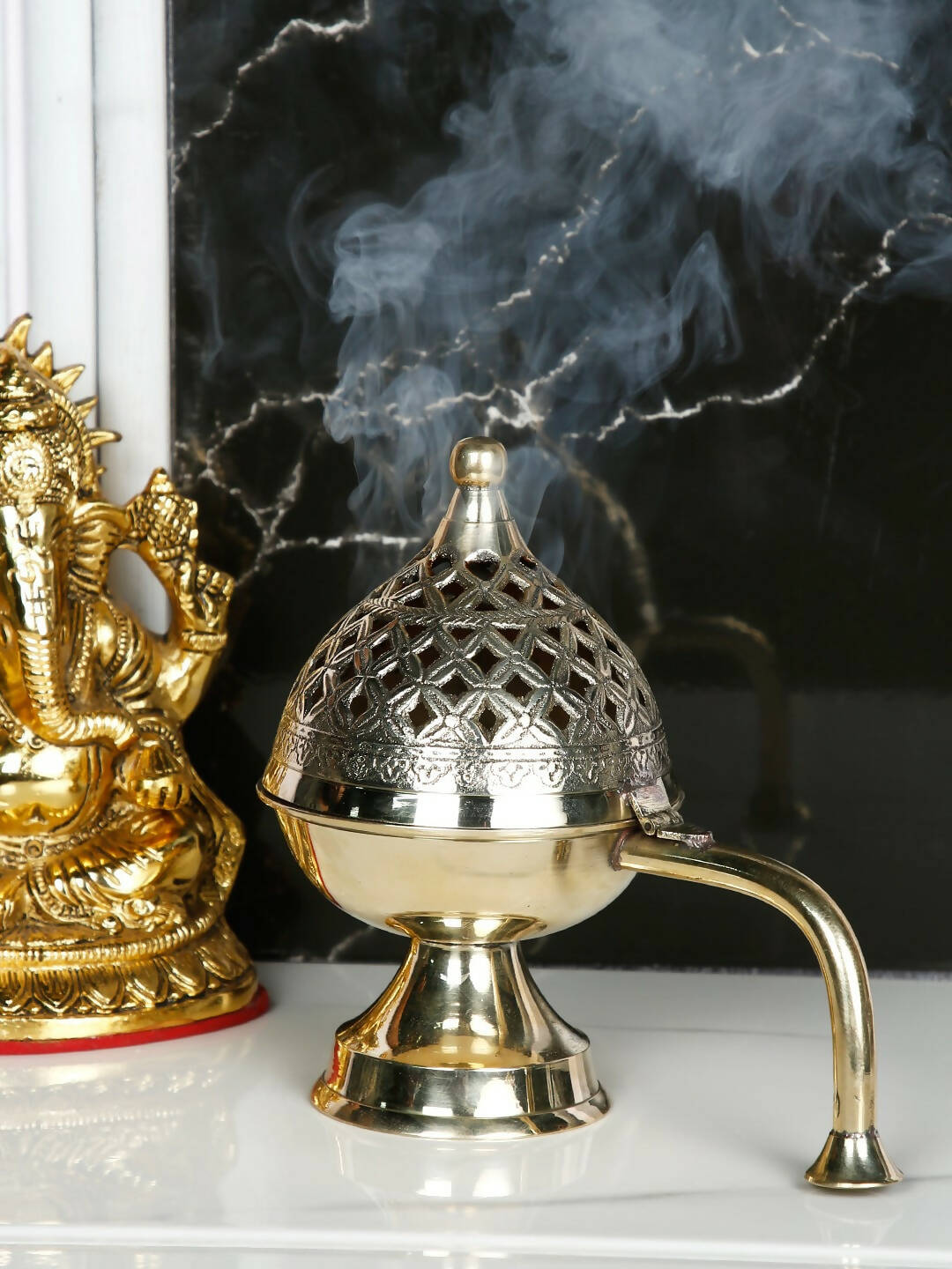 CraftVatika Gold-Toned Dhoop Dani Loban With Handle & Incense Stick Holder Showpiece - Distacart